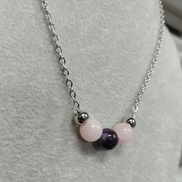 Rose Quartz Amethyst Three Bead Necklace Natural Gemstone Crystal StainlessSteel - Picture 5 of 11